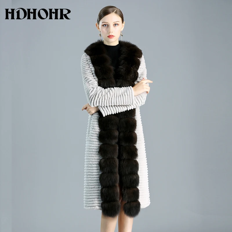 

HDHOHR 2024 Real Rabbit Fur Coat For Women Natural Kintted Fox Fur Coats Winter Warm Long High Quality Fur Jackets Two Colors