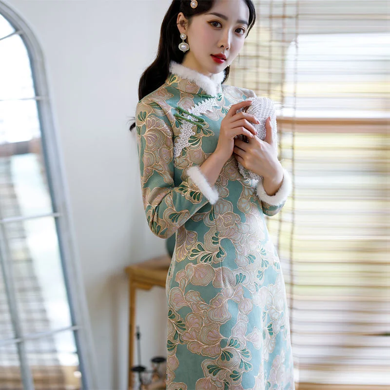 

Winter Plus Velvet Thicken Slim Cheongsam Womem Fur Collar Vintage 2023 Qipao Ethnic Style Traditional Female Chinese Dress