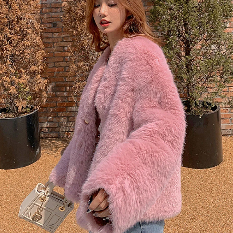 

High Quality Faux Fox Fur Coat Winter V-neck Single-breasted Long Sleeve Pink Grey Casual Female Short Fur Integration Outerwear