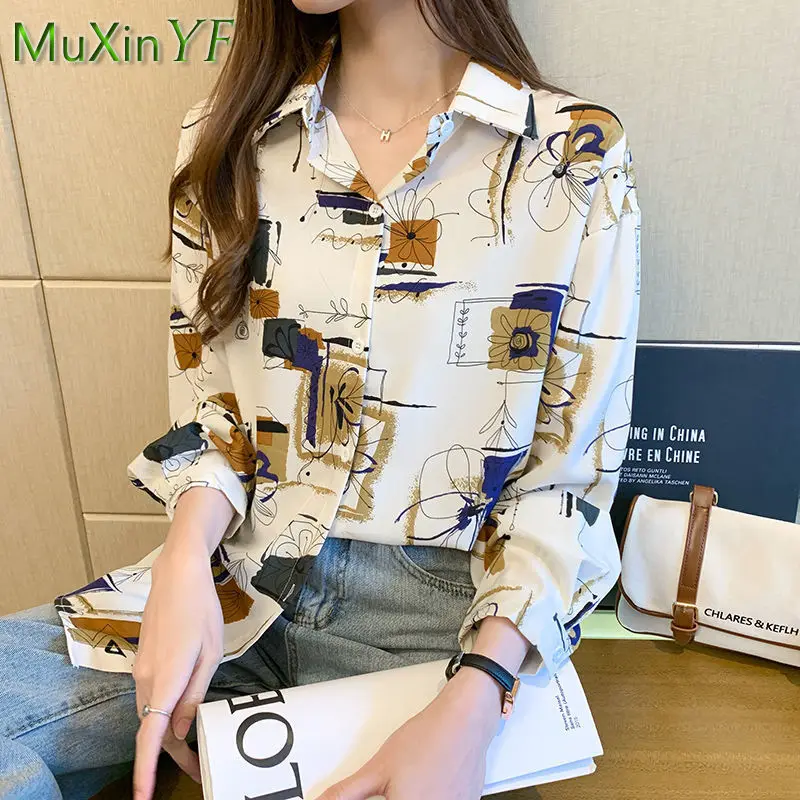 2022 New Vintage Chiffon Long-sleeved Printed Shirt Spring Autumn Loose Blouse Korean Fashion Elegant Top Cardigan