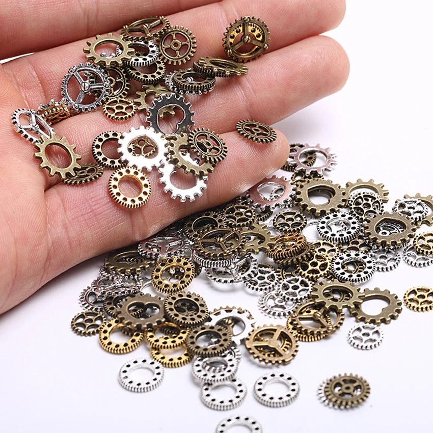 100PCS/Set DIY Assorted Color Antique Metal Steam Punk Gears Charm Pendant Clock Watch Wheel Gear for Crafting, Jewelry Making