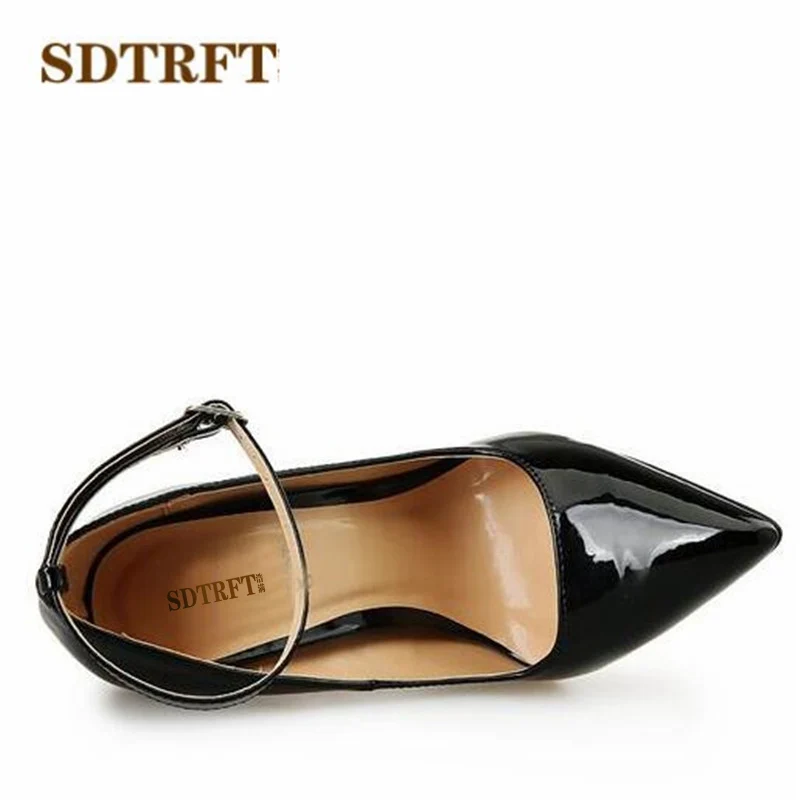 SDTRFT Woman Buckle Pumps 14cm Thin Heels Pointed Toe Stiletto Ladies Patent Leather Classic Fetish Ballet Shoes Plus:40-48 49