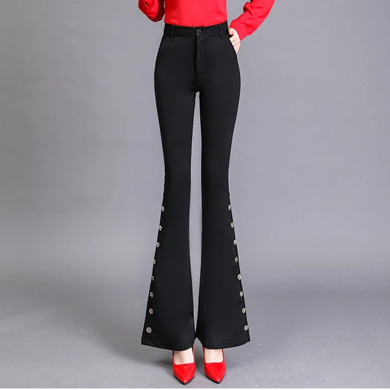 Spring Summer High Waist Flare Pants For Women New Buttuon Black Stretch Trousers Ladies Office Work Casual Suit Pants S-2XL