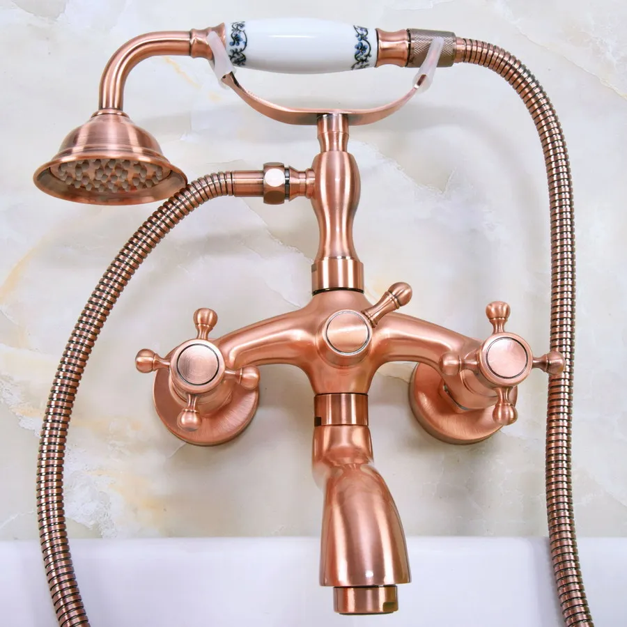 

Antique Red Copper Wall Mount Bathtub Tub Mixers Two Cross Handles Bathroom Bath Shower Faucet with Handshower zna322