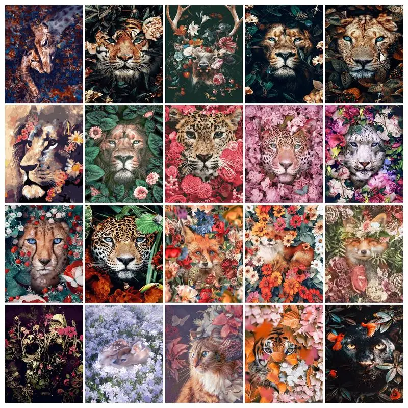 

PhotoCustom Flower Animals Acrylic Paint By Numbers Deer DIY 60x75cm Oil Painting By Numbers On Canvas Lions Digital Home Decor