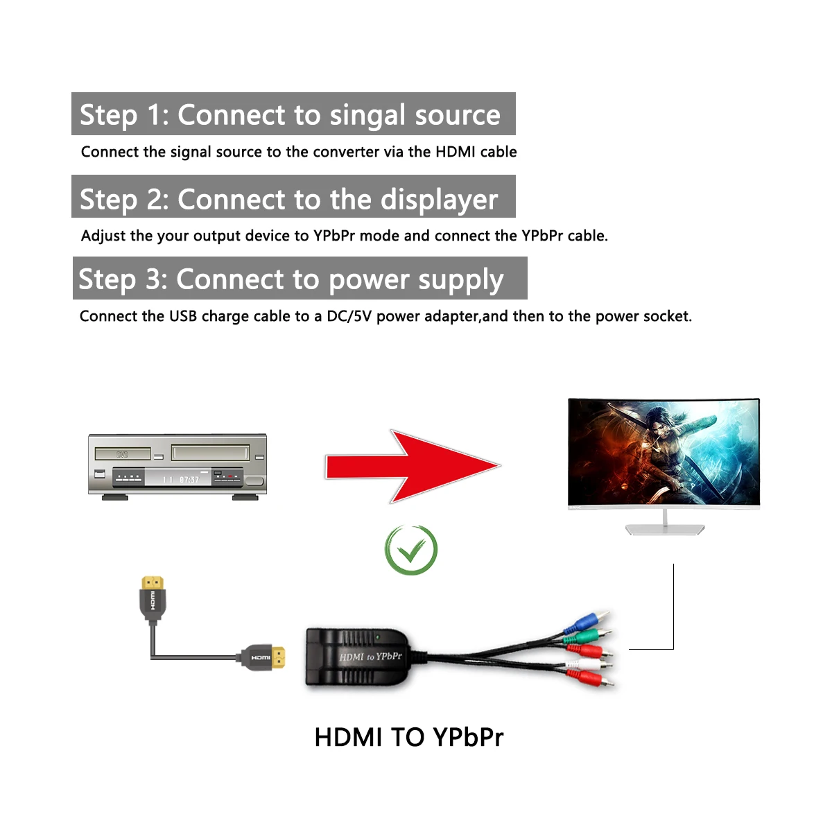 Skaler HDMI na YPbPr komponent RGB 1080P konwerter 5 wideo RCA + R/L Audio z przyciskiem regulacji rozdzielczości dla starego telewizora PC