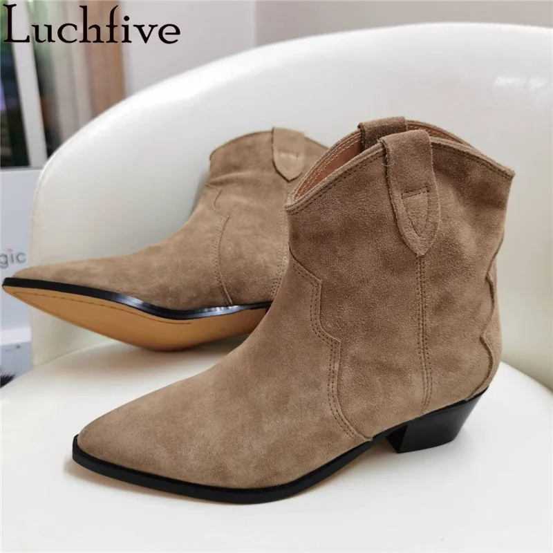 Classic Chelsea Women Ankle Boots Suede Leather pointy toe chunky heel Ankle Boots Simple Comfortable Runway Cowboy Boots female