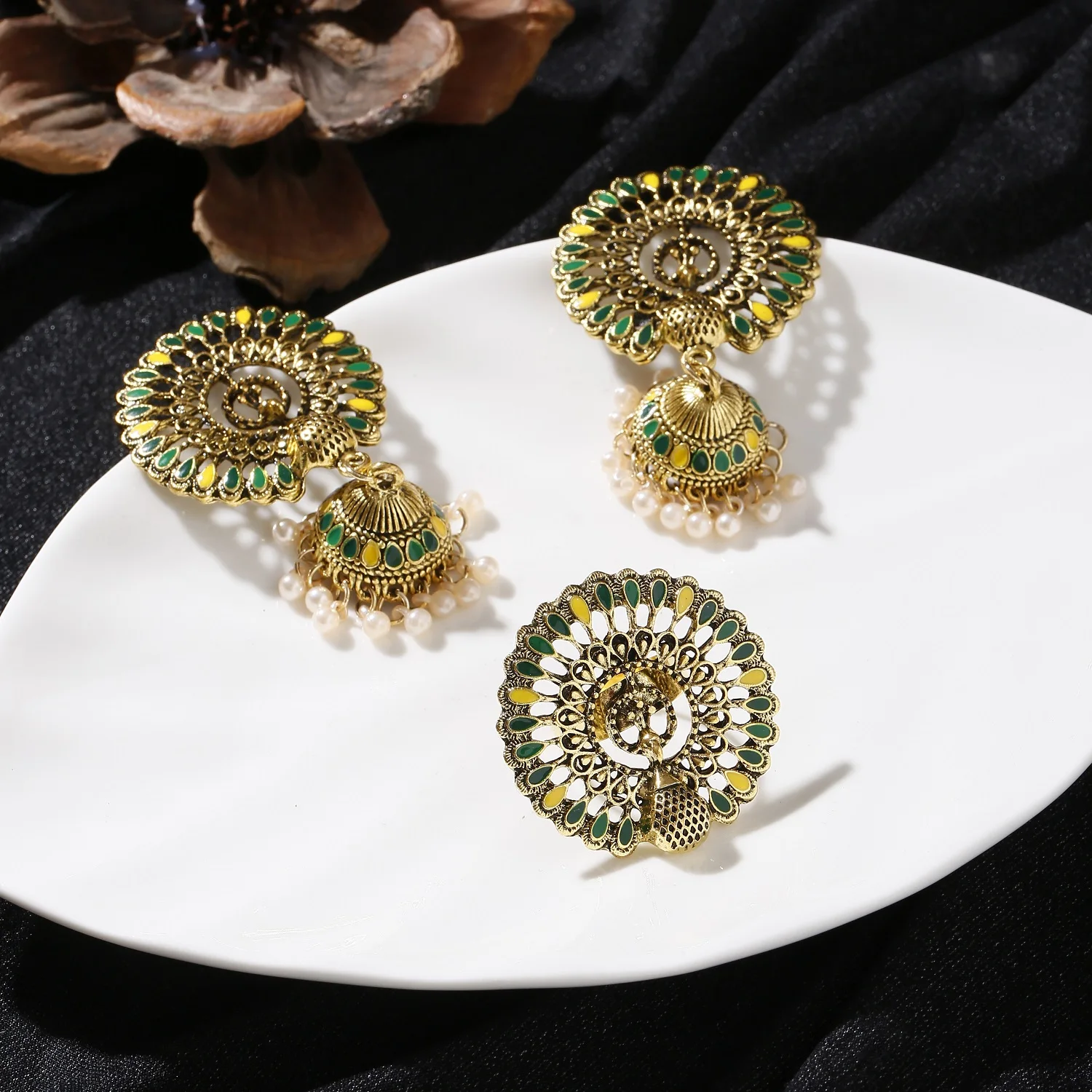 Vintage Turkish Green Peacock Indian Ladies Earrings&Ring Set Classic Gold Color Alloy Earrings Gypsy Tribal Jewelry