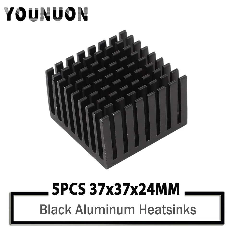 5Pcs YOUNUON  37x37x24mm Black Aluminum Heat Sink For  PC  transistor LED Power IC Transistor Module PBC Ventilator  Cooling