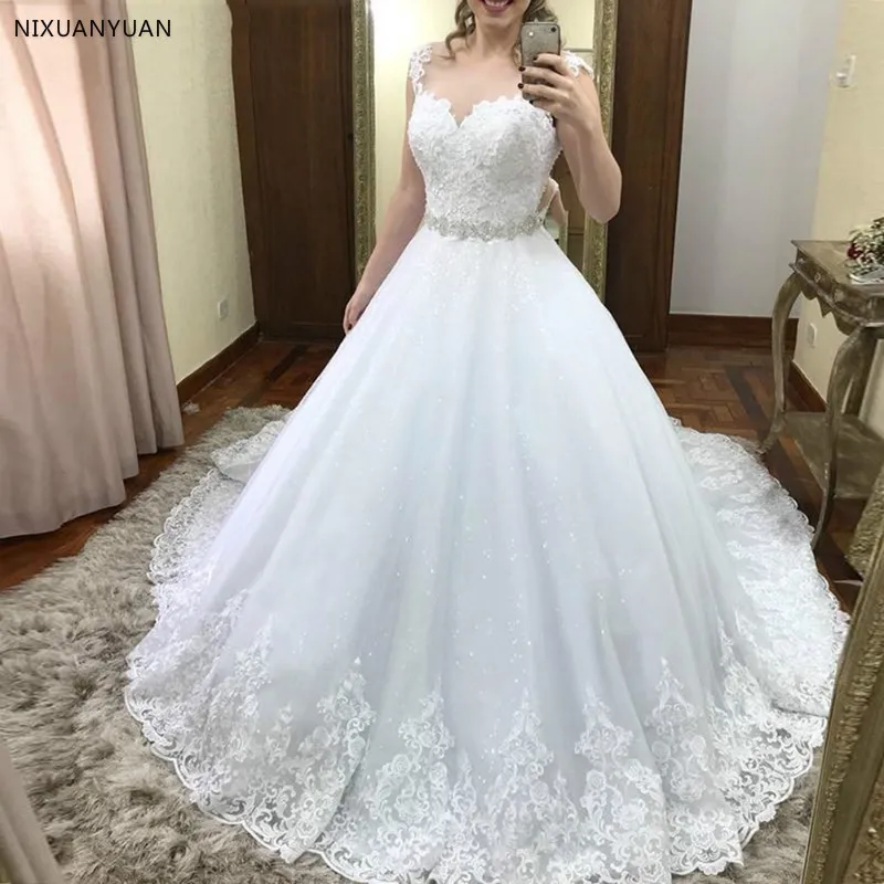 Koronkowe tiulowa suknia ślubna bez rękawów z kryształowy pas suknie ślubne 2023 Vestido De Casamento Hochzeitskleid