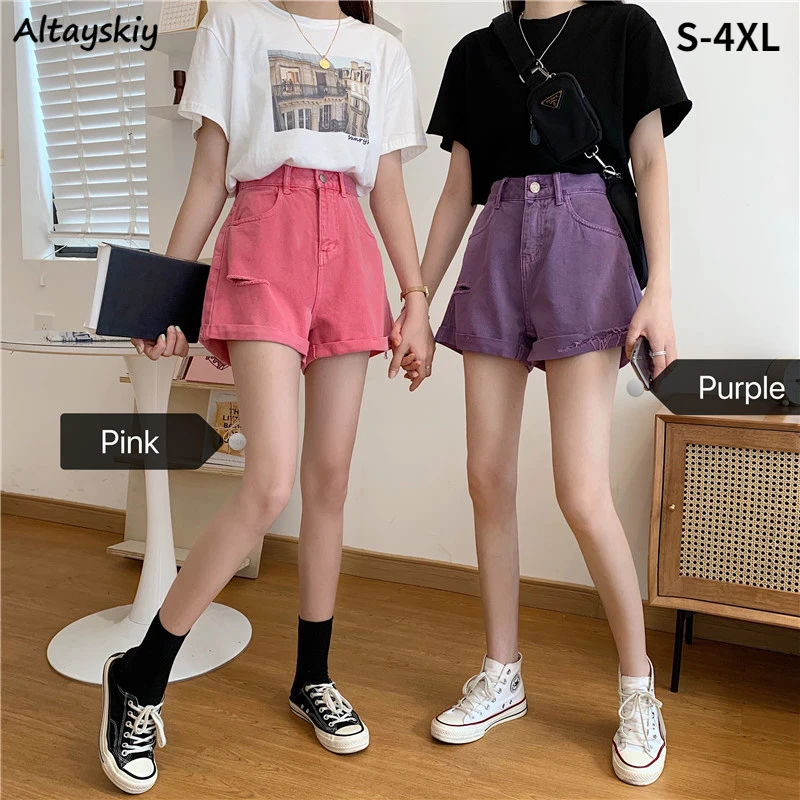 

Shorts Women Summer New Fashion Leisure Solid Sweet Students All-match High Waist Hole Female Streetwear Korean Style Friends