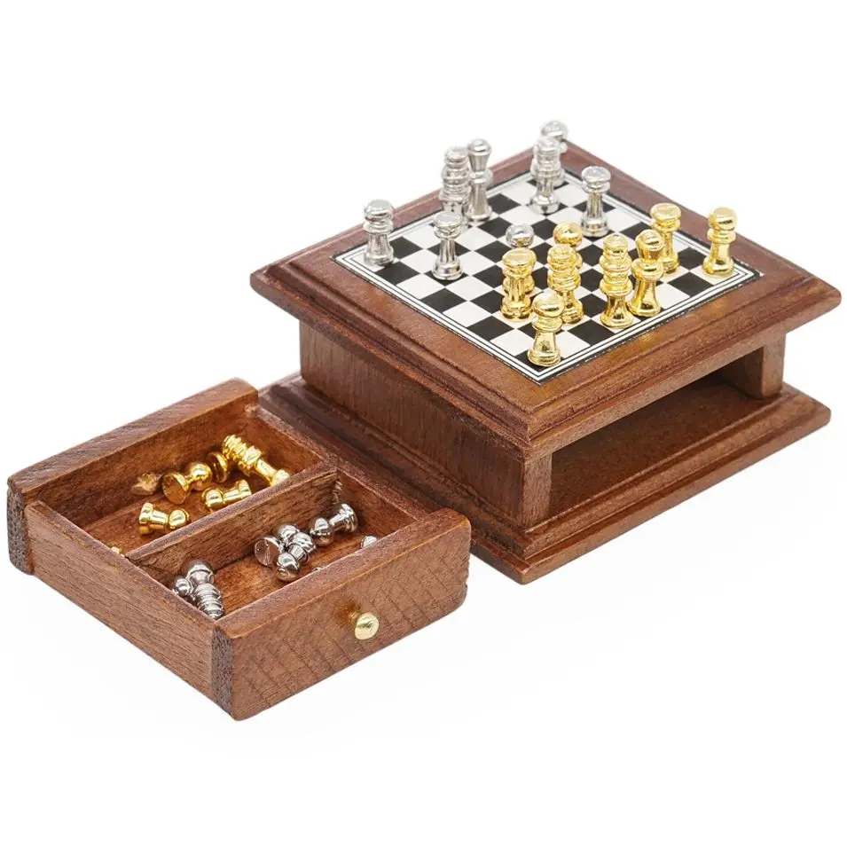 Odoria 1:12 Miniature Chess Board with Storage Drawer Set Mini Game Furniture Model Living Room Home Dollhouse Accessories Decor