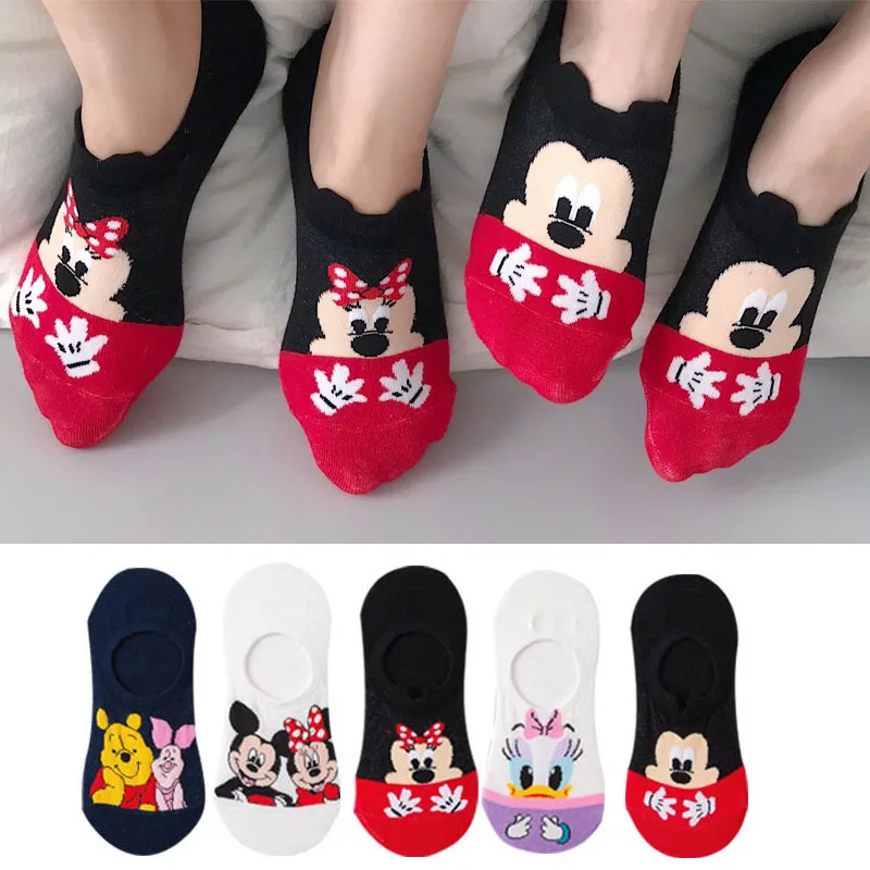 Chaussettes Disney en coton doux pour femmes, chaussettes invisibles, chaussettes amusantes, dessin animé animal, souris, canard, décontracté, mignon, été, taille 34-40, 5 paires