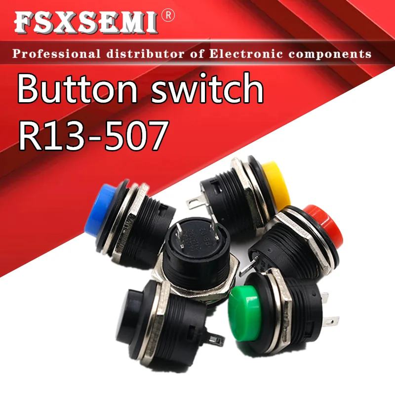 

5pcs/lot R13-507 Momentary SPST NO Red Black White Yellow Green Blue Round Cap Push Button Switch AC 16MM 6A/125V 3A/250V