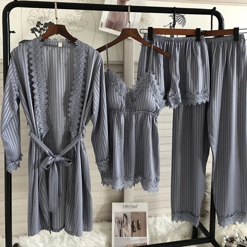 Spring Summer Women 4PCS Pajamas Set Sexy Nightwear Lace Bathrobe Nightgown Shorts Four-piece Suit Satin Sleepwear Home Wear