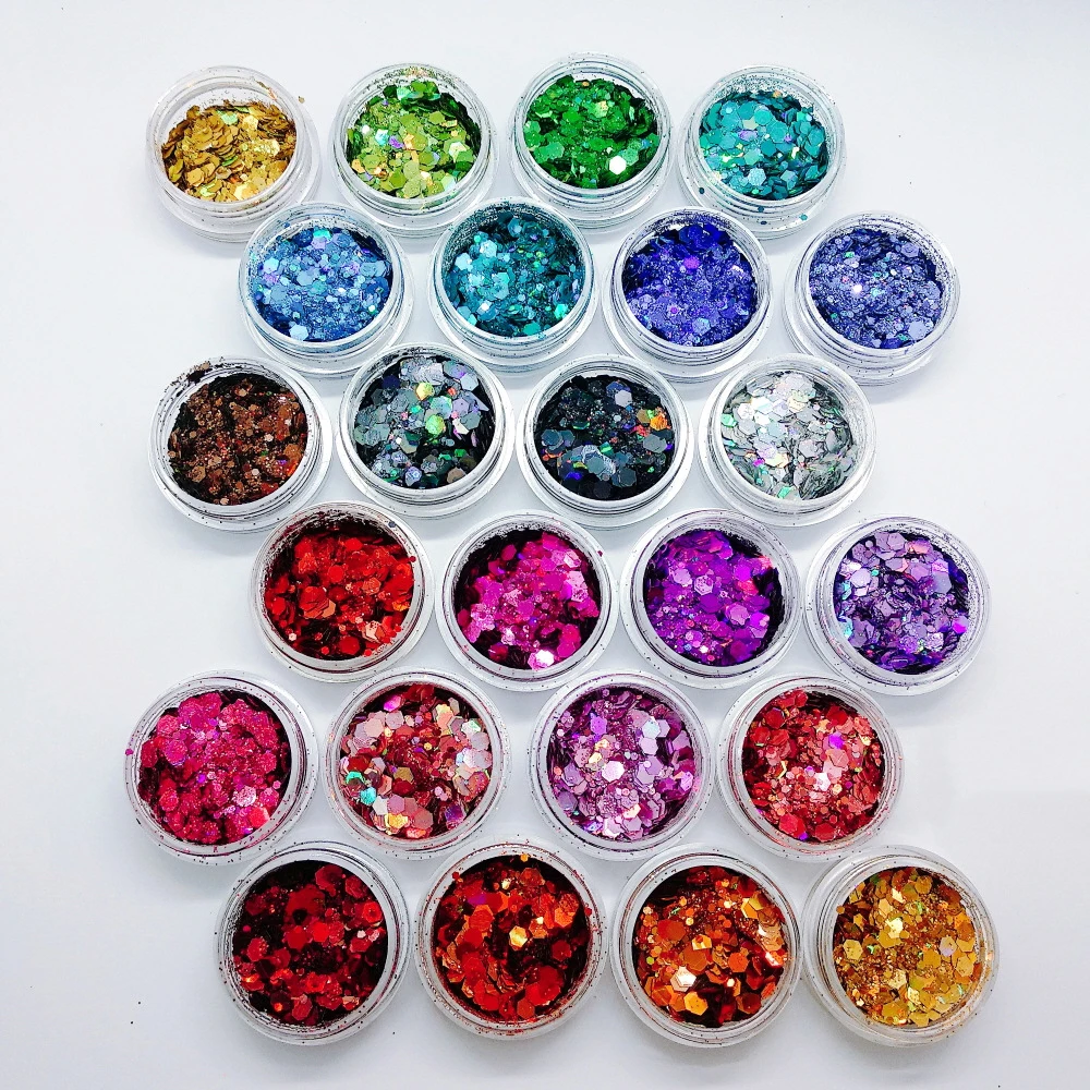 Holographic Chunky Glitter Total 60-140g Face Body Eye Nail Festival Chunky Holographic Glitter 6/8/24 Jars Mix Loose Glitter M9