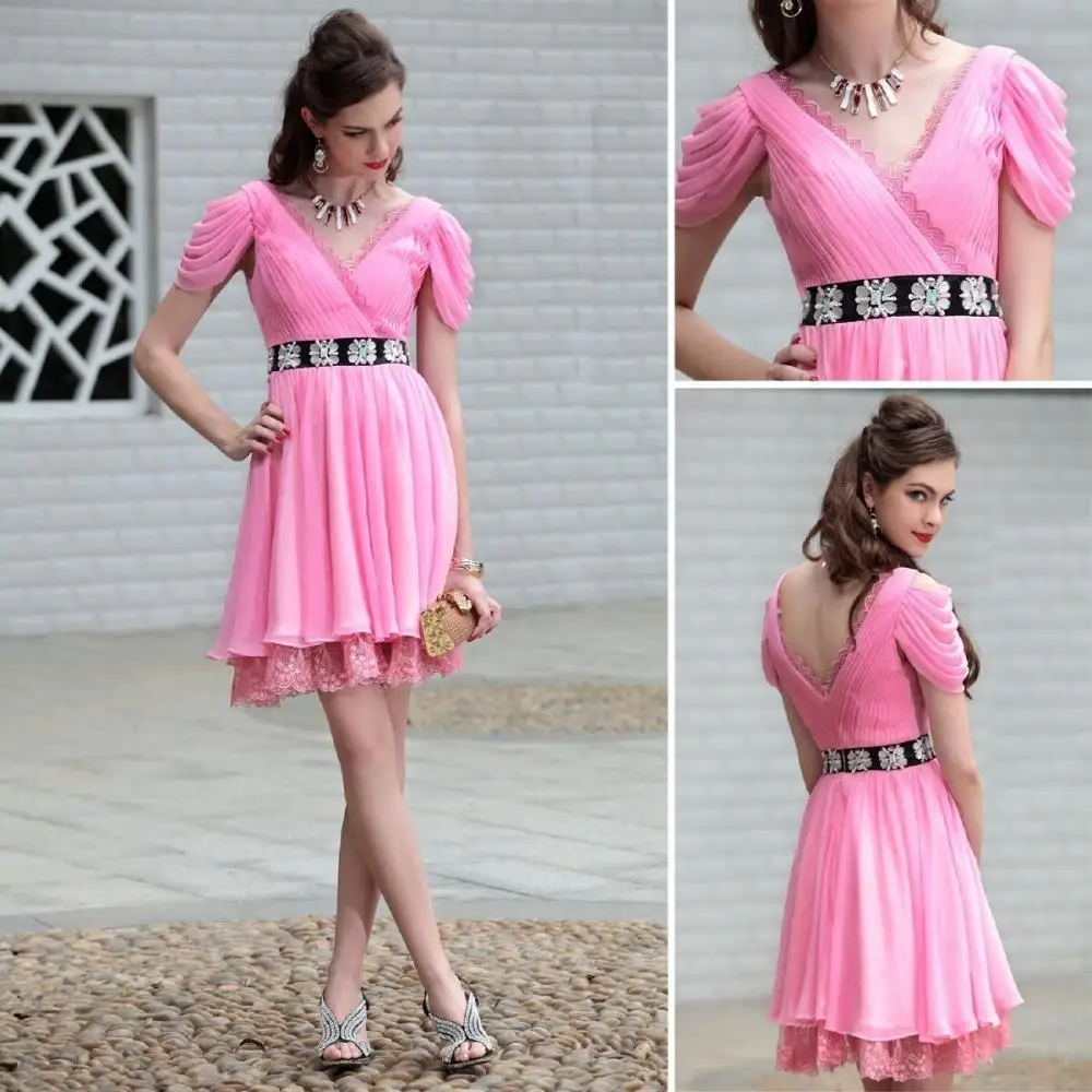 free shipping 2016 new hot pink bridesmaid V-neck lace girls party dresses puff short cap sleeve evening dress Graduation Dress