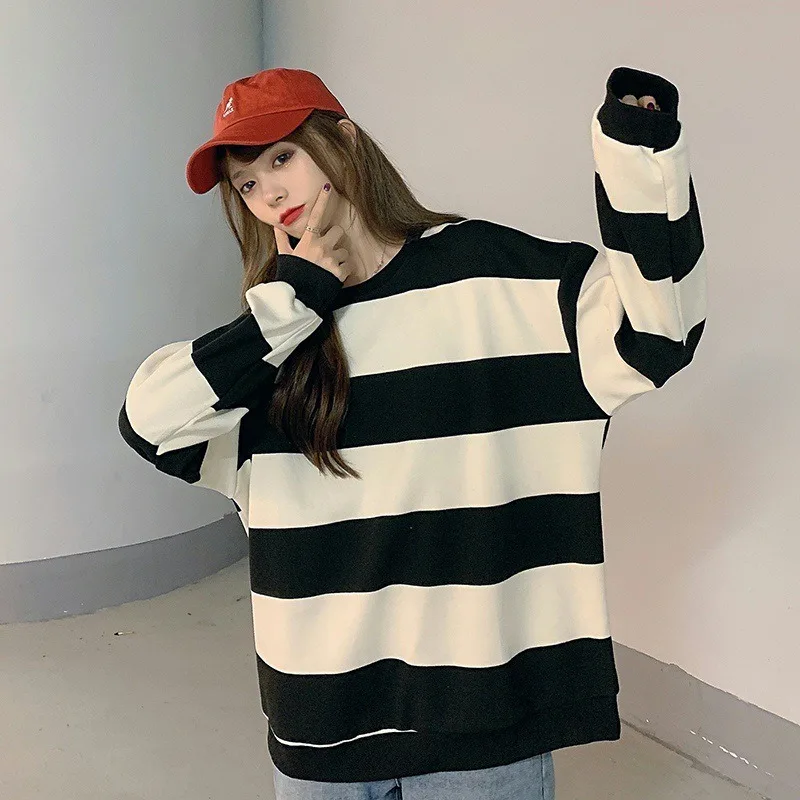 Loose Striped Sweatshirts Women Fleece Thick Oversized Harajuku T-Shirts Female Long Sleeve O Neck Korean Fashion Tops 2021