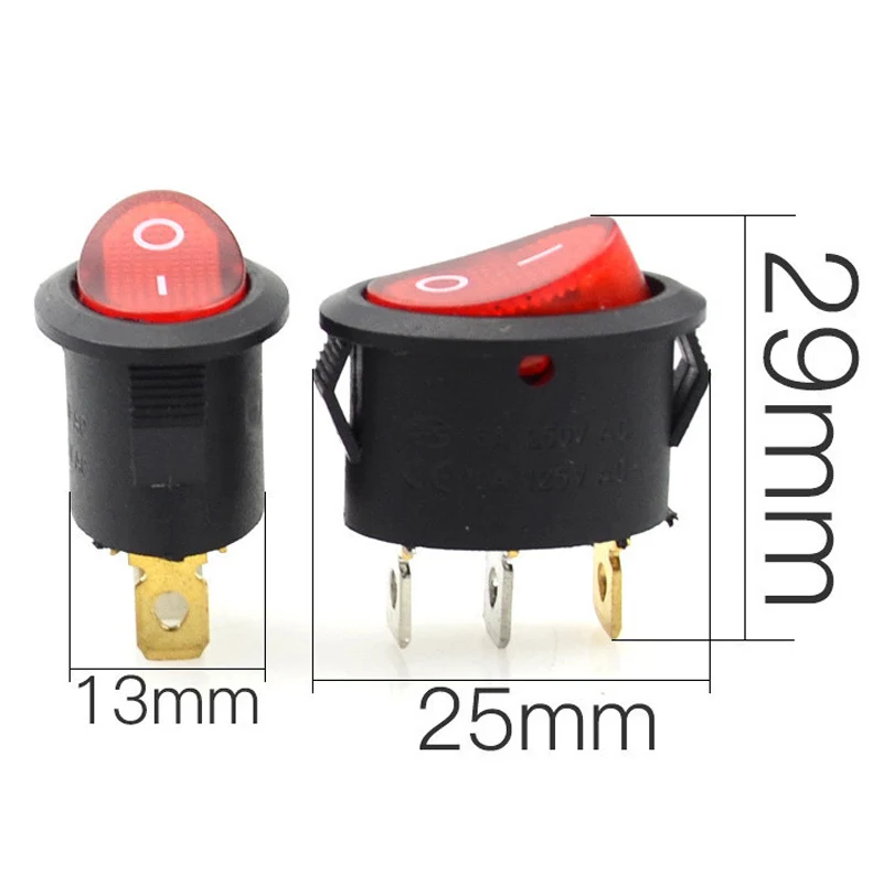 2pcs Black Oval Round 3pin On Off Rocker Switch With Red Light KCD1 Electrical Contact Switch Push Button Switch 10A 250V 125V