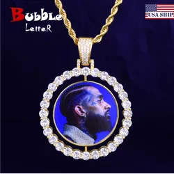 Bubble Letter Custom Photo Necklace for Men Rotating Double-Sided Medallions Spinning Pendant  Hip Hop Jewelry