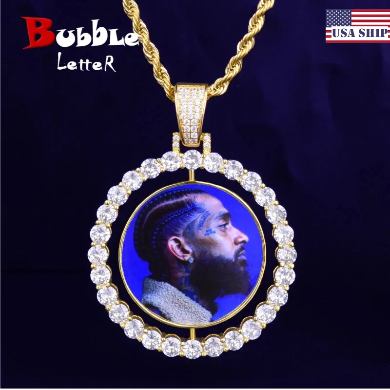 Bubble Letter Niestandardowy naszyjnik ze zdjęciem dla mężczyzn Obrotowe dwustronne medaliony Spinning Pendant Hip Hop Jewelry