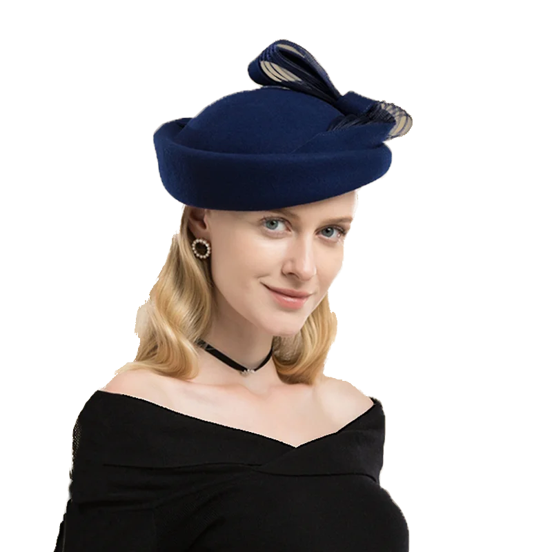 Black Wool Wedding Hat Fascinator Cocktail Hats For Women Elegant Blue Red Winter Church Fedora Bow Ladies Formal Pillbox Cap