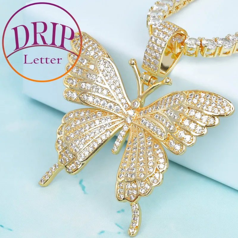 Drip Letter Butterfly Pendant Iced Out Animal Jewelry Gold Plated Cubic Zircon Necklace for Women Hip Hop Fashion Style