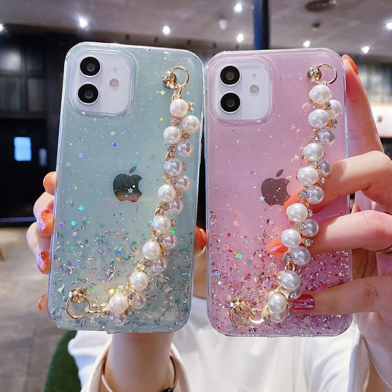 Luxury Glitter Transparent Phone Case For OPPO A97 5G Pearl bracelet Epoxy Soft Shockproof Bumper Back Cover A 97 5G