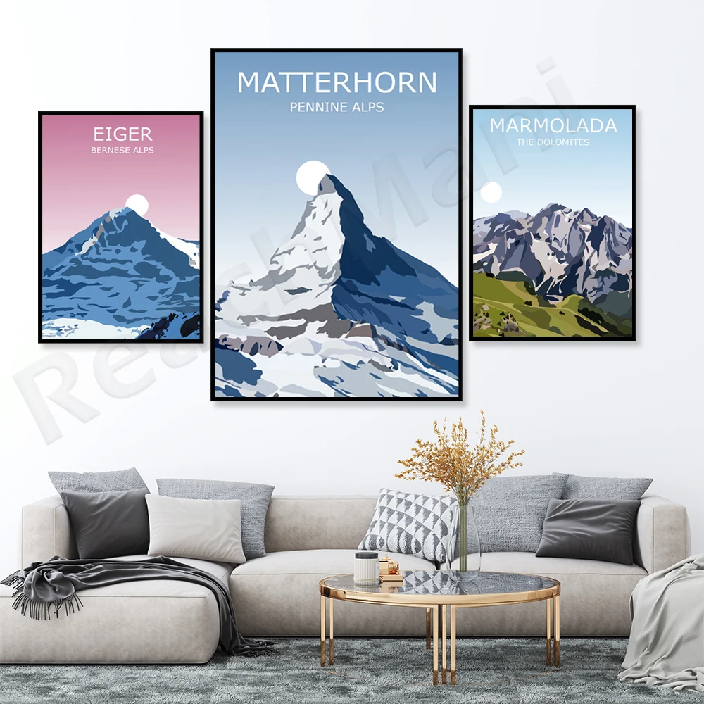 

Italian Alps travel posters, Marmolada, Swiss Matterhorn, Eiger prints, Dolomites landscape, hiking gifts, mountaineering