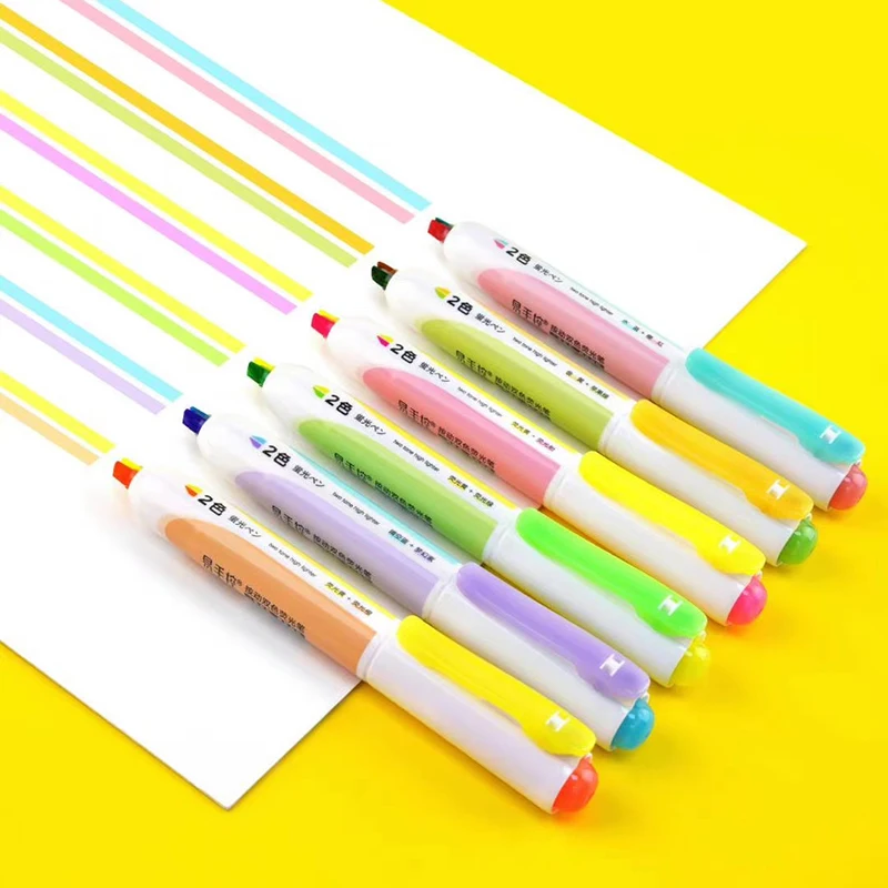 6pcs/pack Two Tone Highlighter Pen Retractable Highlighters Refillable Fluorescent Pens Highlight Markers School Office Supplies