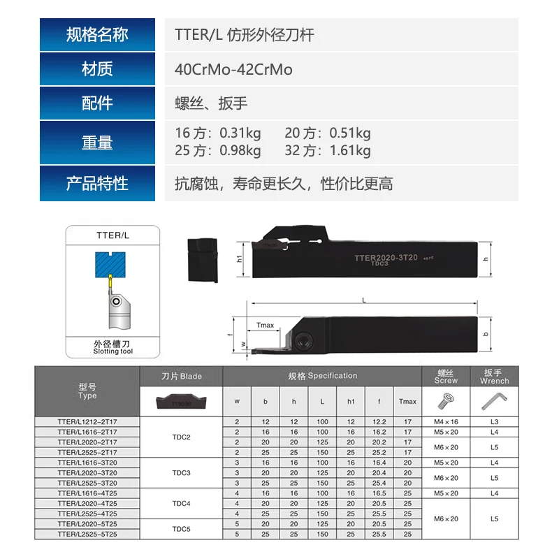 CNC Outer Circular Groove Cutter Rod Outer Diameter Cutting Knife TTER1212/1616/2020-2/3/4/5 equipped with Teguk blade TDC