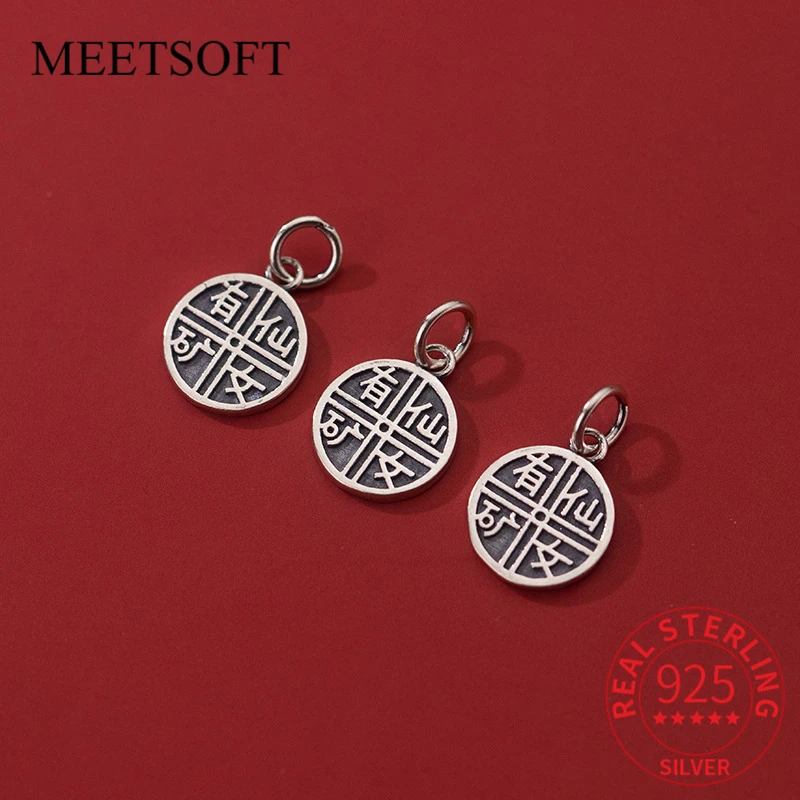 MEETSOFT Vintage S925 Sterling Silver Printed Round Cards Pendant Charms of DIY Handmade Fine Accessories Chic Drop Shipping