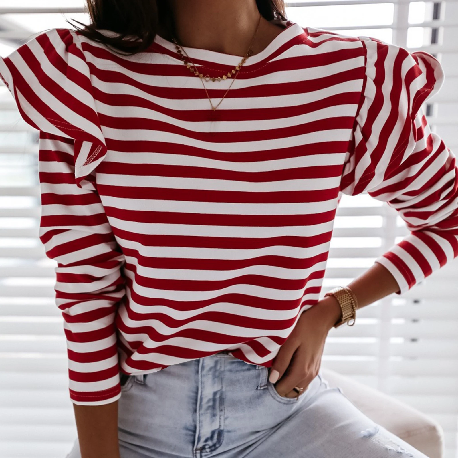 woman sweaters Fashion Autumn Striped Ruffles Blouse Long Sleeve woman sweaters O Neck Pullover Top свитера женские 2020