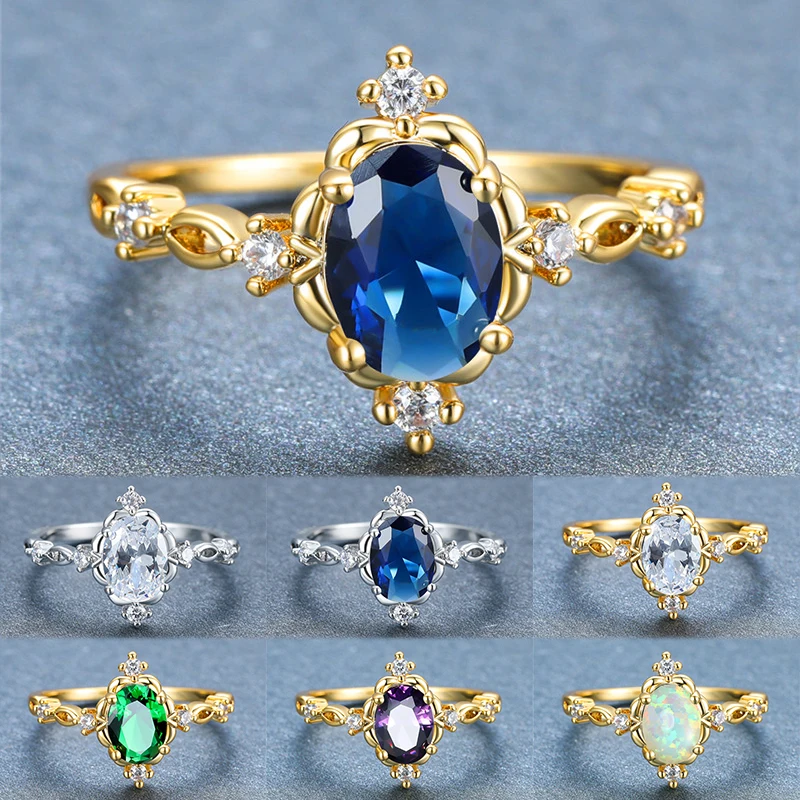 Luxury Female Rainbow Crystal Thin Ring Classic Gold Silver Color Wedding Rings For Women Charm Bride Oval Opal Engagement Ring