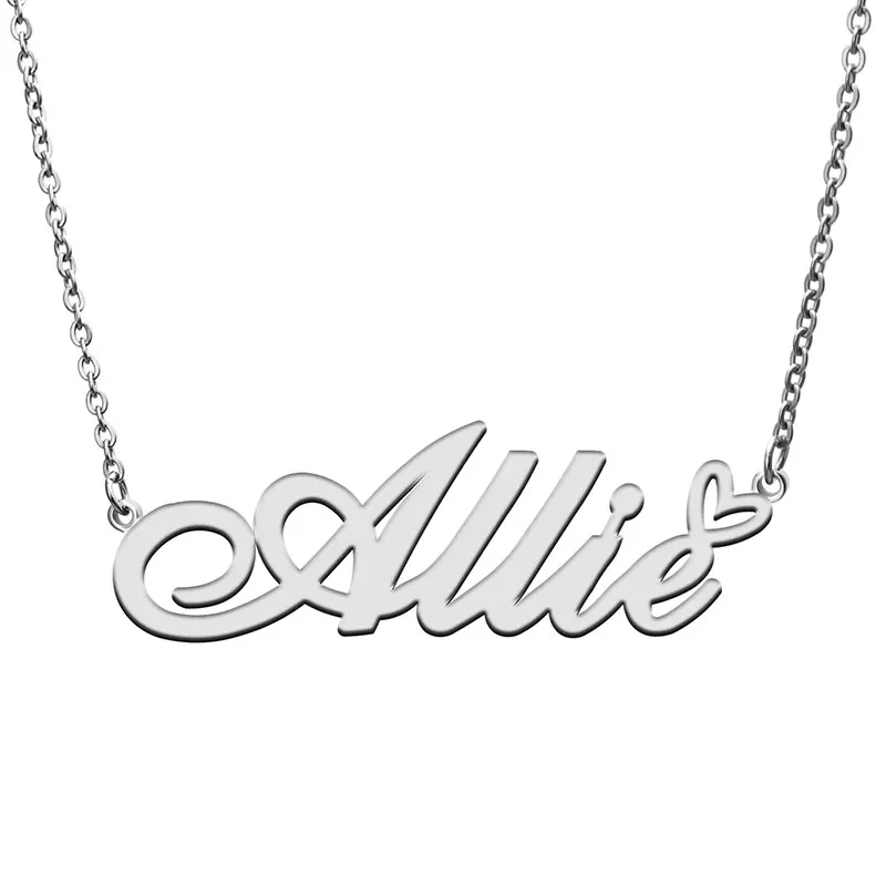 Allie Name with Love Heart Necklace for Women Stainless Steel Jewelry Personalized Nameplate Pendant Femme Mother Girls Gift