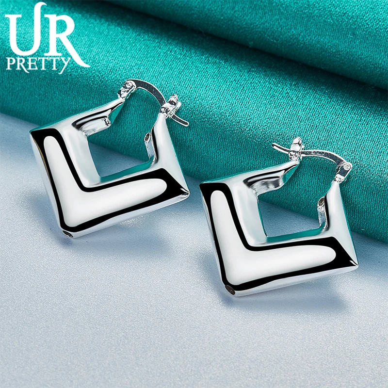 UPRETTY New 925 Sterling Silver 25mm Smooth Lozenge Hoop Earring For Women Lady Party Wedding Engagement Charm Jewelry Gift