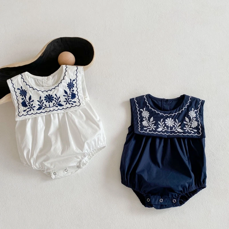 Summer Baby Girls Romper Cotton Linen Bodysuit Infant Rompers Newborn Clothes Navy Collar Embroidered Sleeveless Rompe