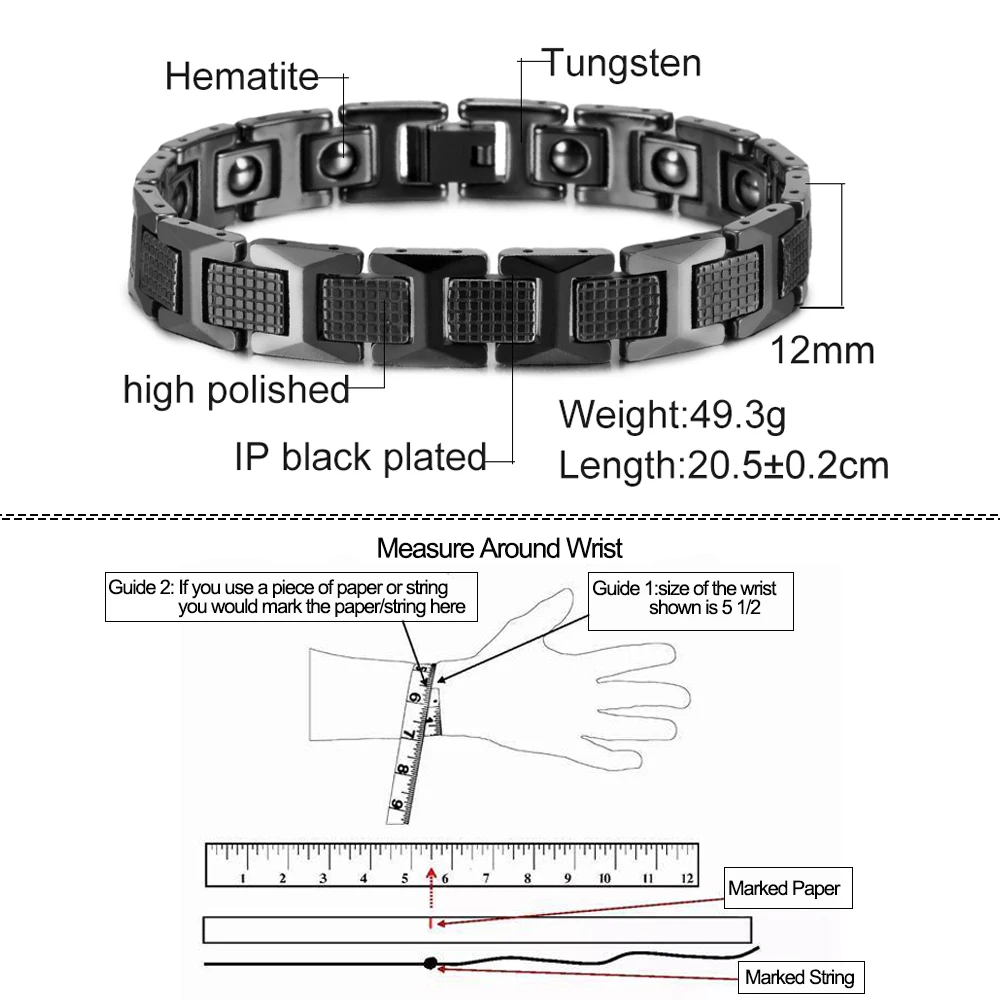 Magnetic Bracelet Benefit Anti-Scratch Black 12mm Power Magnetic Tungsten Bracelet Hematite Chain Waterproof Bracelet Homme