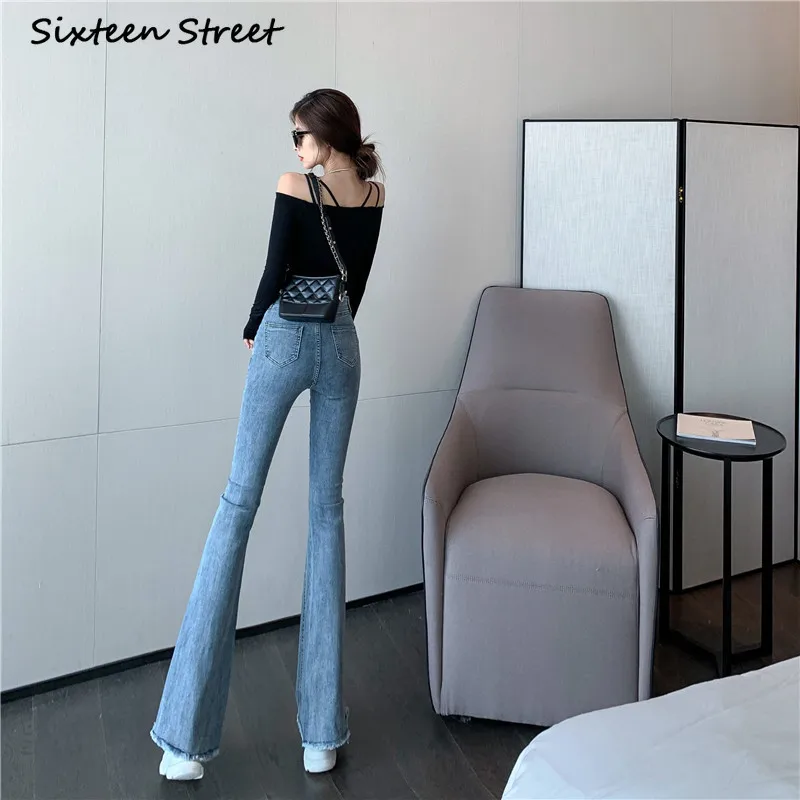 Women's Jeans 2020 New Autumn Winter Korean Clothing High Waist Pants Slim Elastic Breasted Flared Pants Aesthetic Y2K Fashion