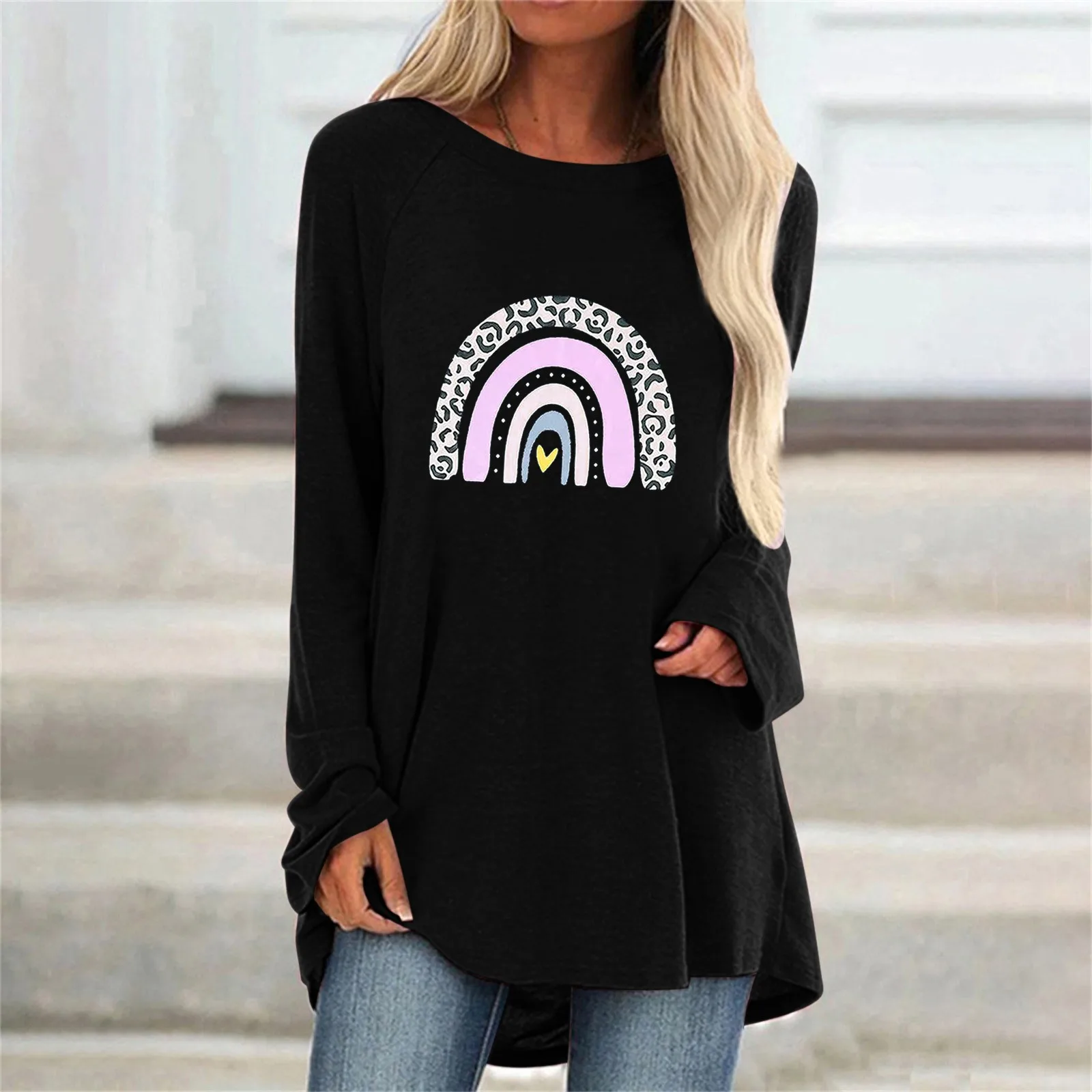 2021 Autumn Winter Loose T-Shirt Women Heart 3D Printed Tops O-Neck Long Sleeve Oversized Shirt Female Girls Harajuku Pullover