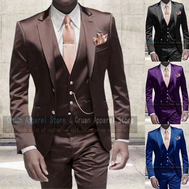 2022 Luxury Shiny Pink Suit Men 3Pcs Slim Fit Prom Party Wedding Groomsmen Groom Suit Tuxedo Fashion Gold Blazer Vest Pants Set