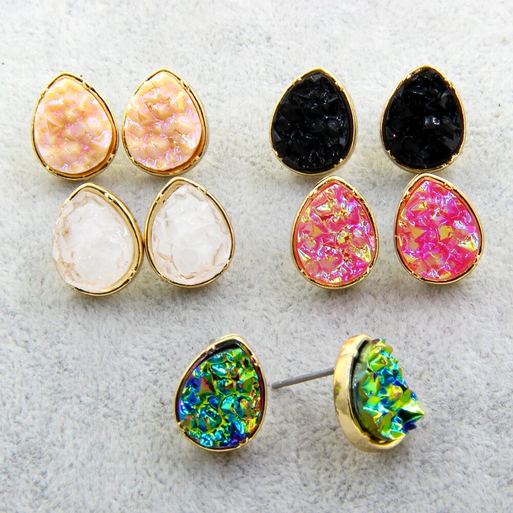 Mini Waterdrop Resin Druzy Drusy Stud Earrings Fashion Brand Designer Jewelry Fantasy Star Color Rock Effect Stud for Women