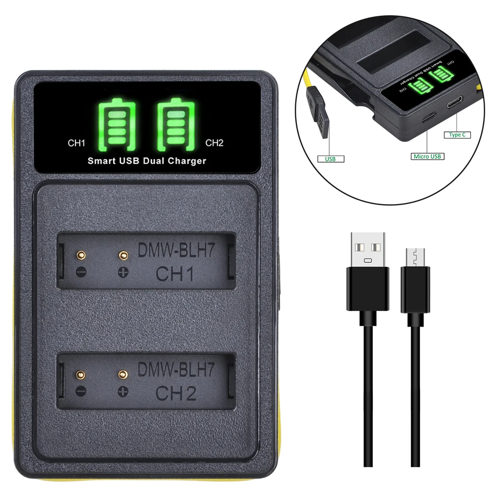 

LED Dual Charger with Type C for Panasonic DMW-BLH7 BLH7E BLH7PP Battery Lumix DC-GX850 DMC-LX10 LX15 GM1 GM1K GM1KA GM1KS GM5