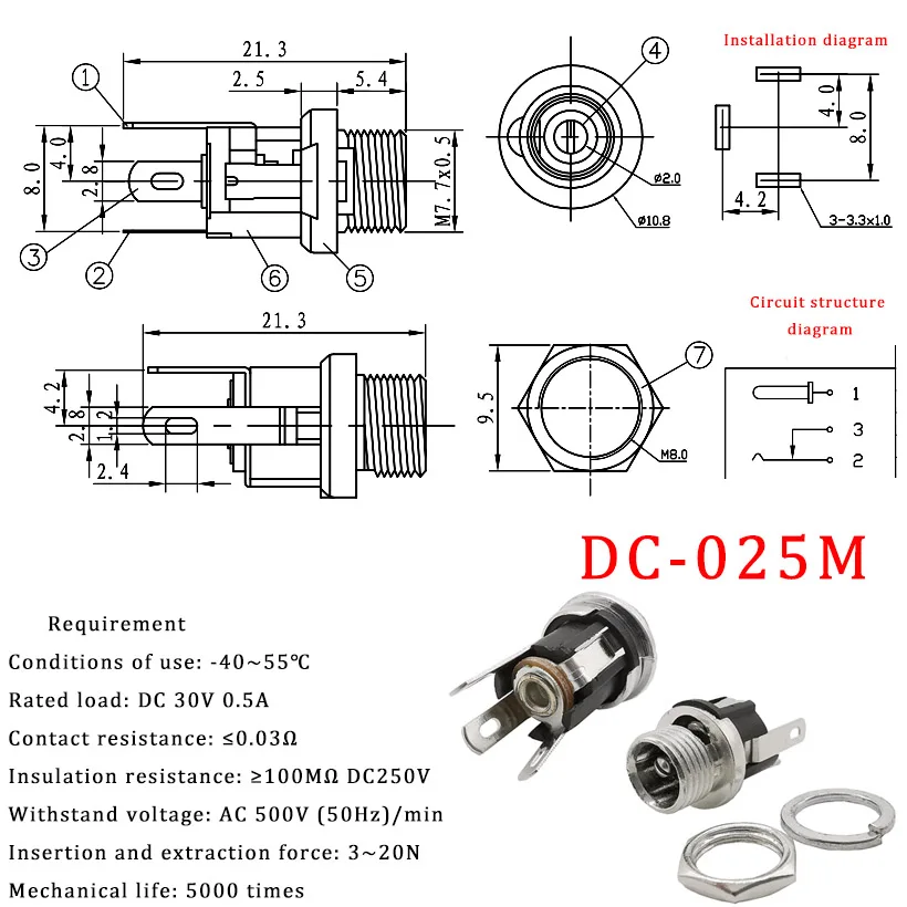 DC Power Male Female Adapter 5.5x2.1mm DC Power Plug Jack Socket Panel Mount Soldering Connector DC-025M 12V 5.5mm*2.1mm