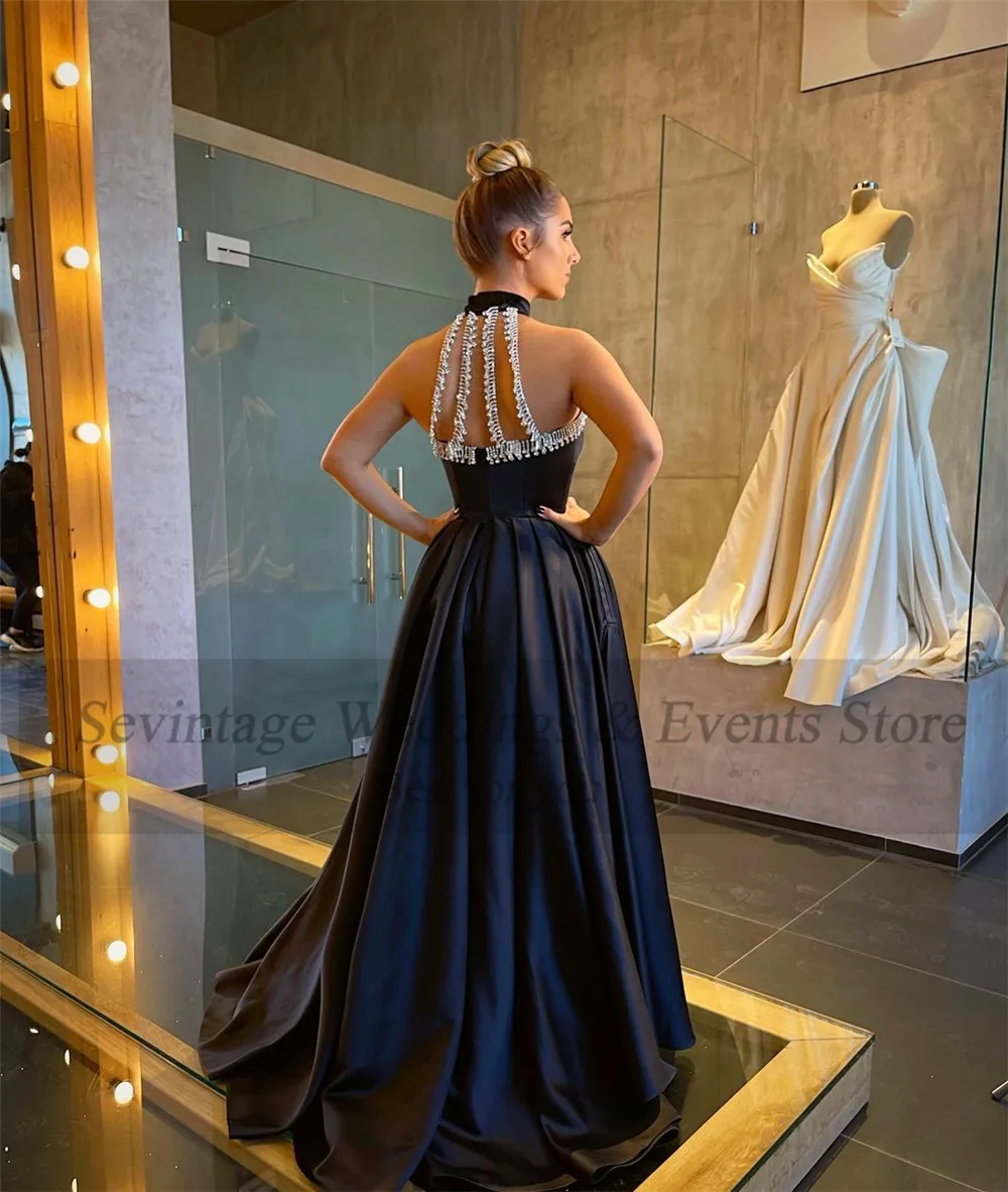 Sevintage preto alta pescoço vestidos de festa de formatura cetim fenda lado rendas vestidos de noite das mulheres formal vestido de ocasião especial outfits 2021