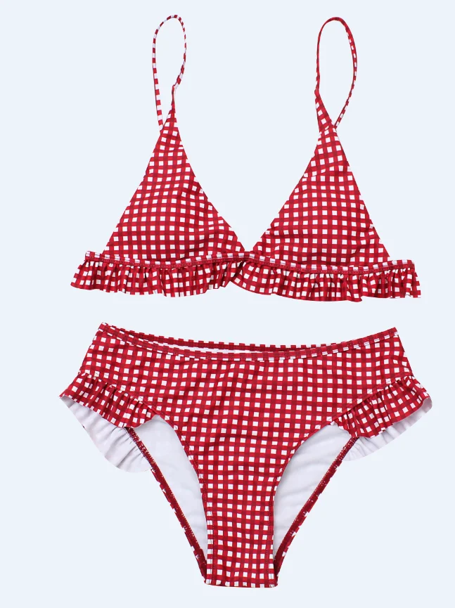 Fashion Women Sexy Plaid Bikini Sets Ruffle Bandage Push-up Padded Swimsuit Bathing Swimwear Swimming Beach Wear