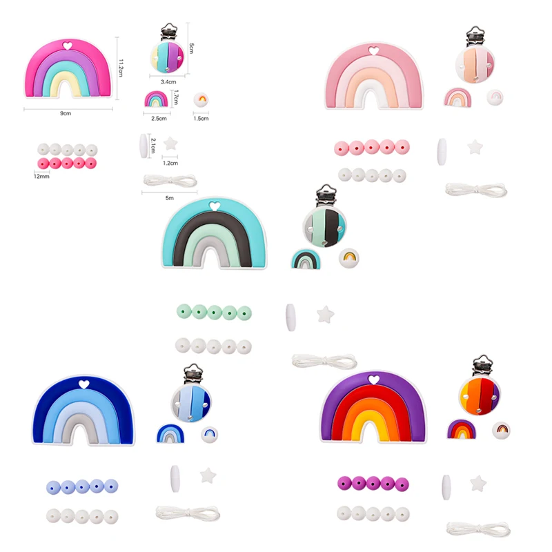 Silicone Teether Beads Set BPA Free DIY Accessories Necklace Newborn Silicone Teether Food Grade Rainbow Pacifier Chain Clip