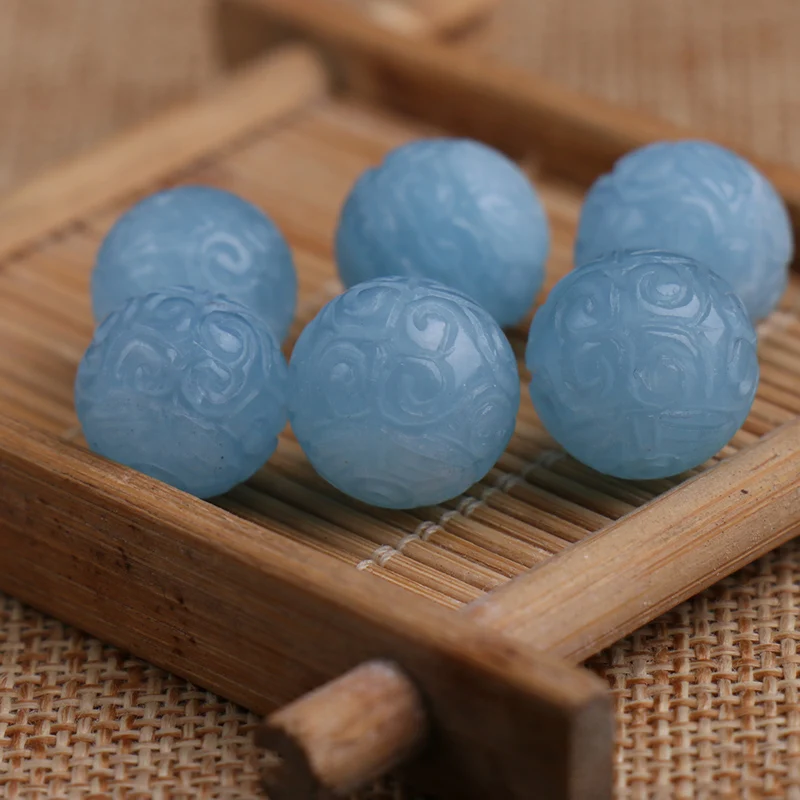 one piece loose beads carved round BLUE AQUAMARINE  for making jewelry necklace FPPJ wholesale