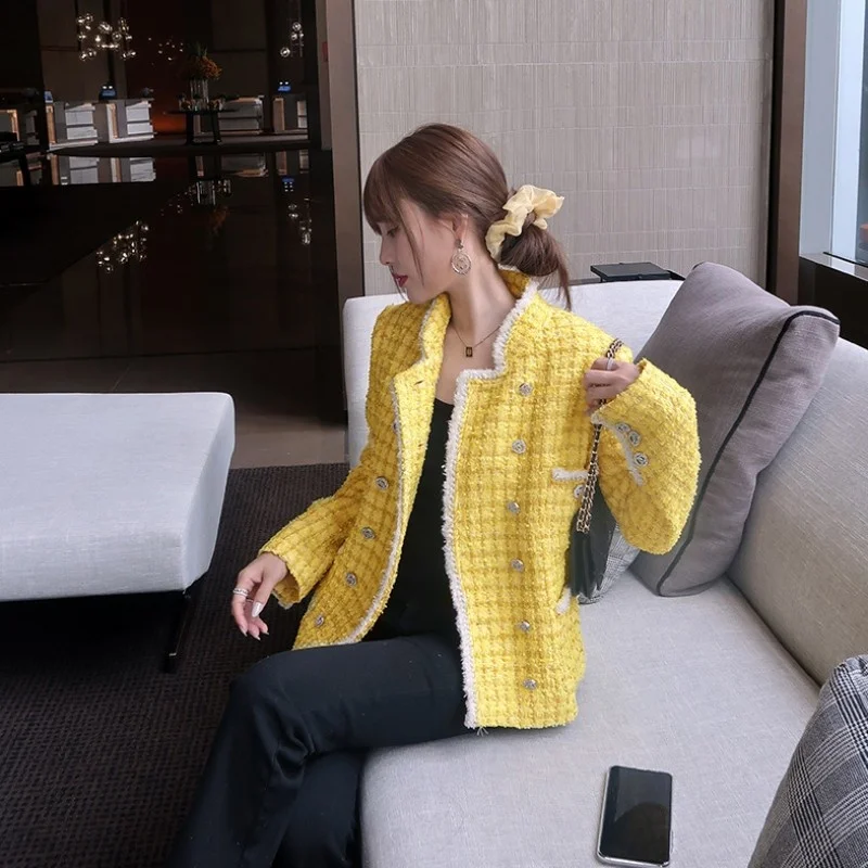 

Elegant Brand Women Tweed Jacket Top Quality Vintage Slim Fit Office Lady Plaid Coat Crystal Double Breasted Stand Collar Jacket