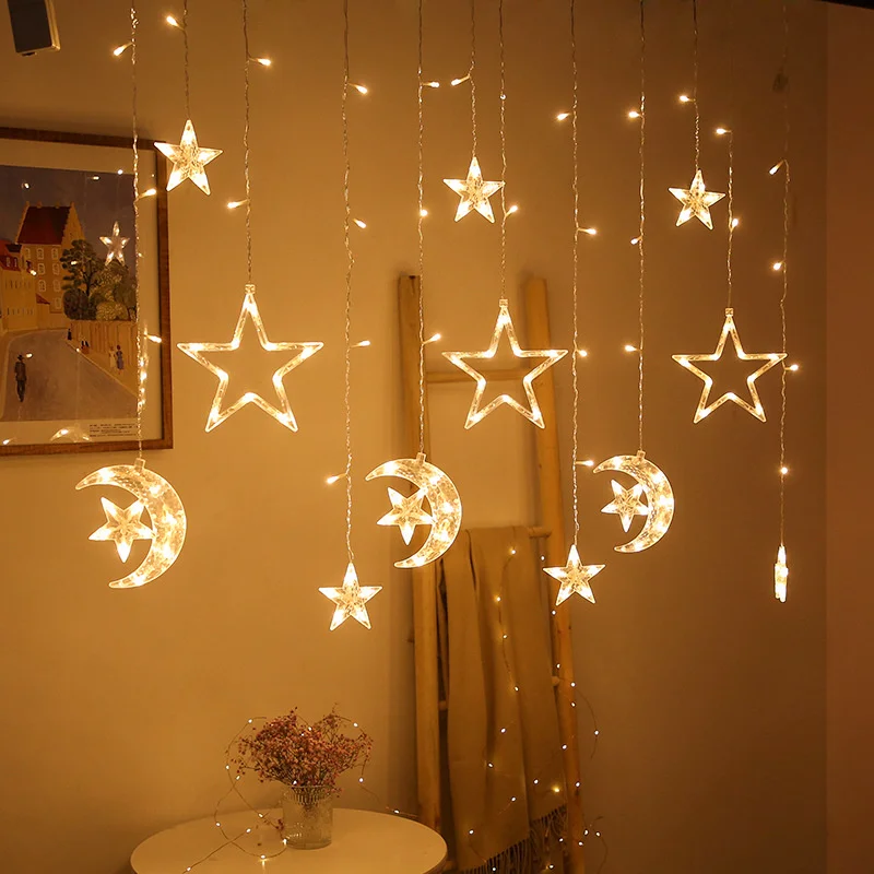 New LED Moon Star Curtain String Lights 220V EU Plug Christmas Garland Fairy Lights for Wedding Party Home Ramadan Decoration